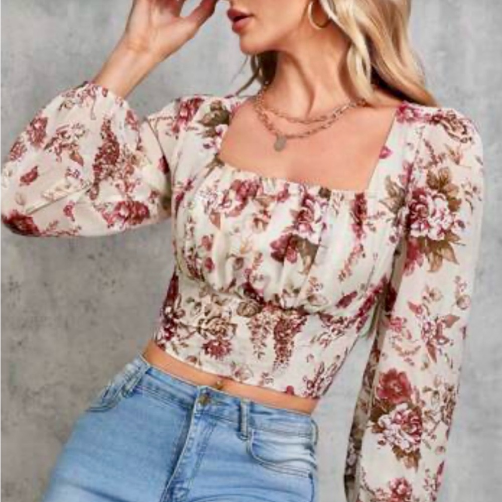 NWOT Shein Floral Print Lantern Sleeve Top
